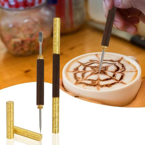 Juego de 2 bolígrafos para latte art, de acero inoxidable y latón con mango de ébano. Herramientas para latte art, capuchino y espresso: el accesorio perfecto para el café.