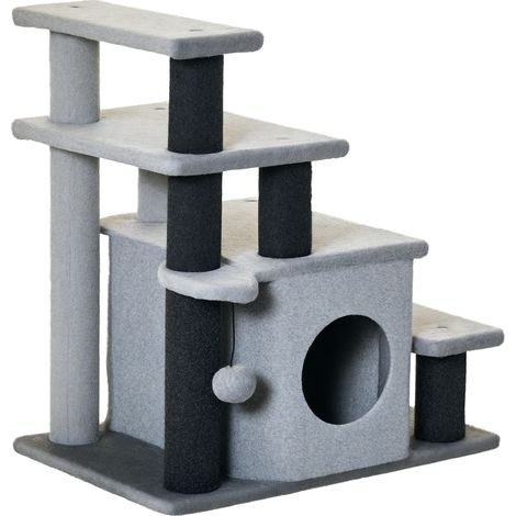 PawHut Katzenbaum mit Plattformen, Haus und Ball, 4 verstellbare Höhen, Schwarz und Grau, 66 cm