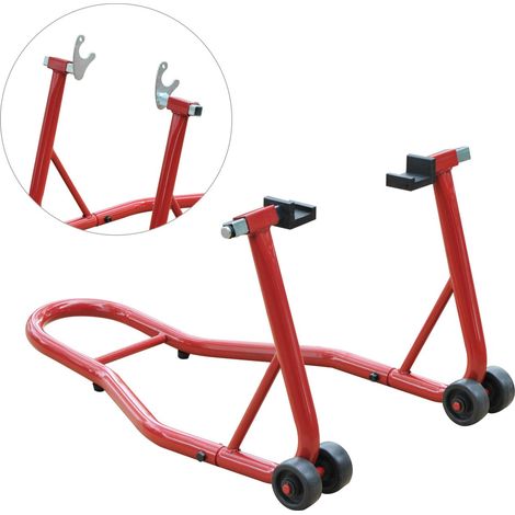 Béquille de moto avec 2 fourches et roues pliable 80 x 50 x 40 cm rouge pour salon moto, support arrière universel, portable mobile, type élévateur acier roues, (1/5)