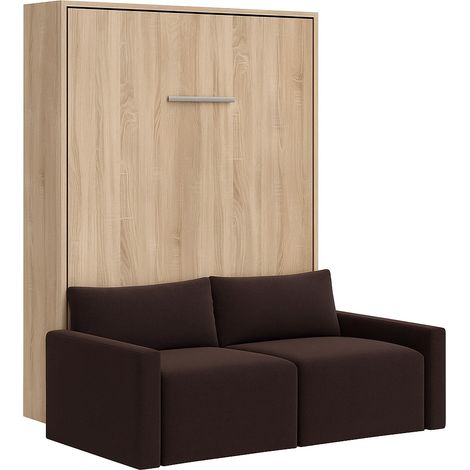 Lit escamotable vertical avec canapé tissu VALENCIA Sans matelas Marron-160x200-Canapé Marron-Structure Chêne clair (1/5)