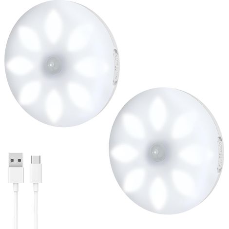 Veilleuse LED Automatique[Lot de 2],Lampe Detecteur de Mouvement Interieur,3 Modes(On/Auto/Off), Lumiere Autocollante USB Pile Rechargeable, LED Sans Fil pour Cuisine,Couloir,Escalier,Placard (1/5)