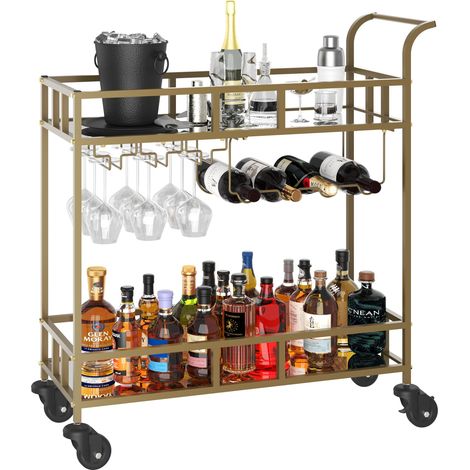 Chariot de Bar à Roulettes 2 Niveaux – Étagères Miroir, Porte-Bouteilles et Verres, Dessert Roulant Métal Compact, Or (1/5)