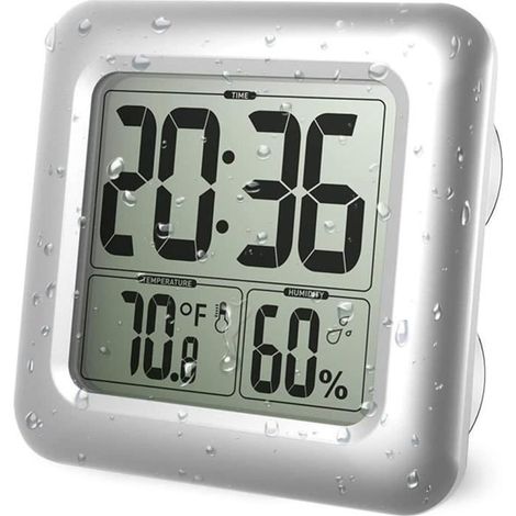 Horloge de douche numérique pour salle de bain, grande horloge murale étanche, thermomètre et hygromètre avec 4 ventouses et (1/4)