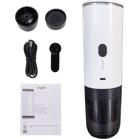 Cafetière portable 2 en 1 avec broyeur intégré et capsules, chauffe sans fil, pression de 20 bars, rechargeable, idéale pour la maison, les voyages et le bureau (blanc). (1/5)