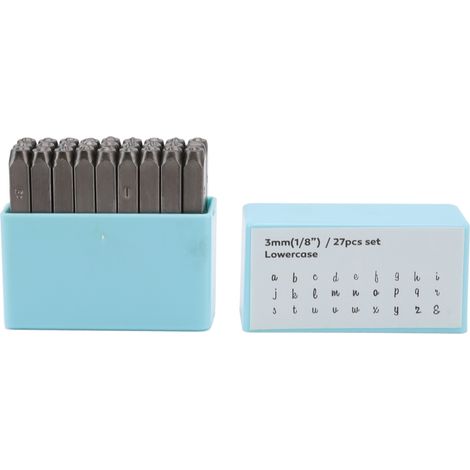 Set de 27 poinçons métalliques, lettres A-Z, 3mm, acier carbone haute résistance, pour marquage cuir, bois et métal (1/5)