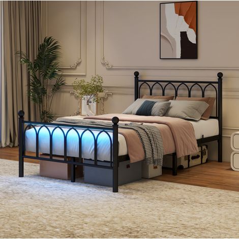 Lit métal noir 120x200 cm avec LED, station de charge USB/prise et rangement sous lit, sommier à lattes (1/5)