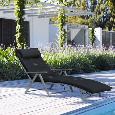 Chaise longue pliable à 7 positions inclinables, confortable, avec matelas et accoudoirs, en métal recouvert d'époxy, textilène et polyester, noire. (1/5)
