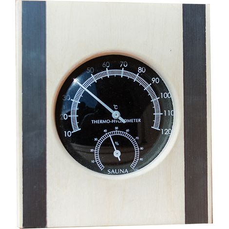 Thermomètre hygromètre bois avec cadre inox – Affichage T° et humidité – Accessoire d’étuve pour sauna (1/5)