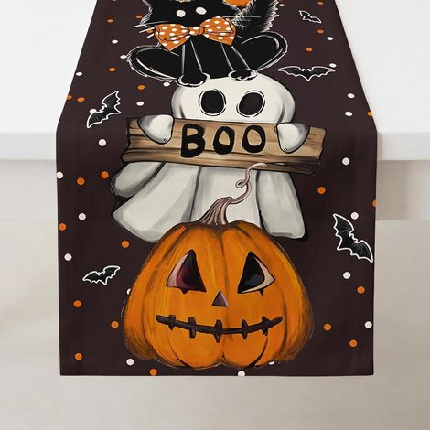 Tovaglia di Halloween, 33 x 183 cm, decorazione per la tavola con zucca, gatto e fantasma. (1/4)