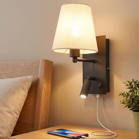 GBLY LED Lampe de lecture applique murale 3 en 1 pour chevet avec interface USB 3 W douille E14 abat-jour conique en tissu design noir moderne interrupteur indépendant convient aux chambres salons bu (1/5)