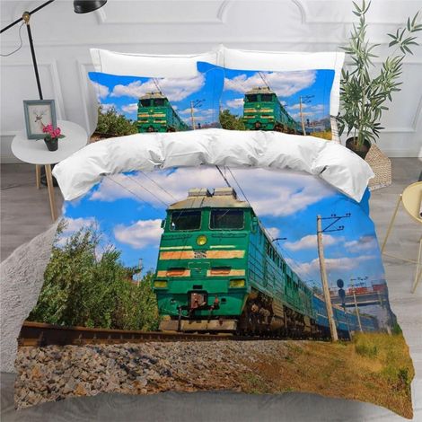 Bettwäsche-Set 155x220 cm mit 2 Kissenbezügen 80x80 cm, 3D Dampflok Motiv, 100% Mikrofaser, pflegeleicht