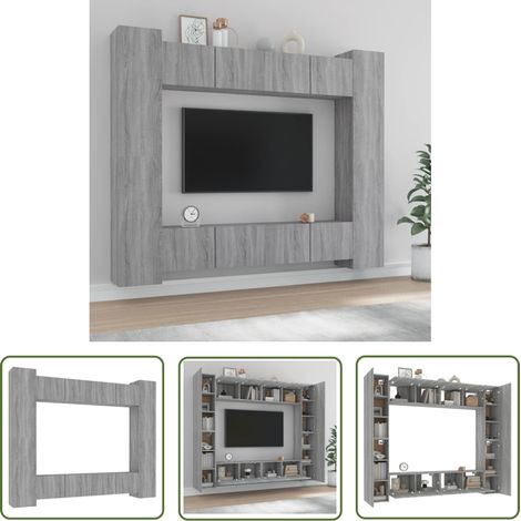 The Living Store 8-tlg. TV-Schrank-Set Grau Sonoma Holzwerkstoff - TV-Schrank - Holzwerkstoff Möbel - Wohnzimmer Dekoration - Wandmontage Regal - Graue Möbel (1/5)