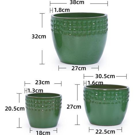 Lot de 3 pots en céramique artisanale (Ø 38,1/30,5/22,9 cm), motif losange vert, parfaits pour orchidées et plantes grasses, intérieur/extérieur, rebords de fenêtre et étagères, terre cuite respirante (1/5)