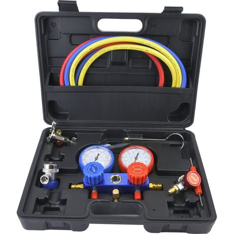 XTRELAMP-Manomètre double collecteur diagnostic climatisation auto, valves R22 R134a, kit recharge A/C avec flexible (1/5)