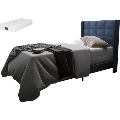 Lit rembourré 90x200 cm, lit simple avec sommier à lattes, lin bleu (avec matelas à ressorts) (1/5)