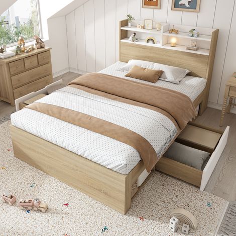 Cama 90x200 cm madera blanco/roble con cabecero con estantes, cajones y colchón incluido