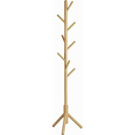 Wooden Coat Rack, Clothes Rack with 8 Hooks, Free Standing Coat Stand, Easy Assembly, for Hat, Clothes, Handbag, Scarves, Umbrella (Wood Color)