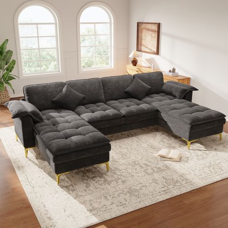Canapé panoramique en U 4 places 262 x 134 x 86 cm 2 coussins, assise double couche, pieds dorés, effet nuage, chenille, Gris foncé (1/5)
