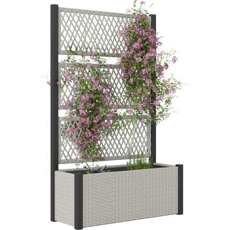 Outsunny Garden Planter Box with Trellis, Rattan Raised Bed, Mixed-grey