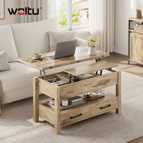 WOLTU Couchtisch höhenverstellbar, Beistelltisch klappbar, Wohnzimmertisch, 2 Schubladen, 1 offenes Fach und 3 versteckte Fächer unter Tischplatte, für Wohnzimmer Homeoffice, Kamelbraun