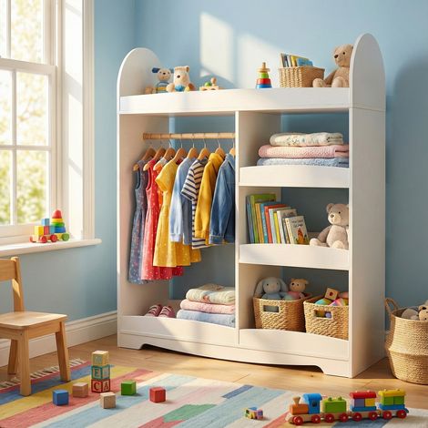 Weiße MDF- und Spanplatten, lackiert und furniert, 3-stufiges Regal, 1 Kleiderstange, Kinderkleiderschrank
