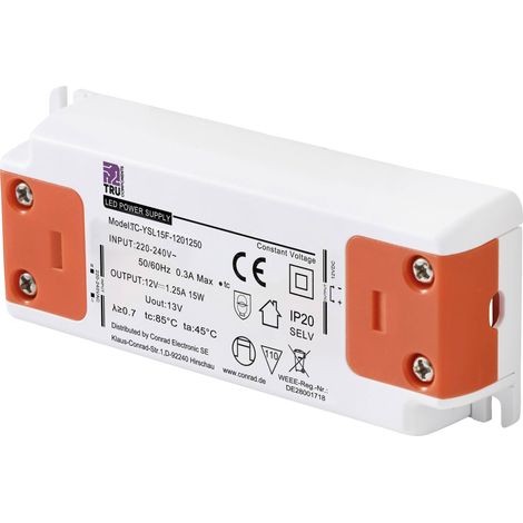 TRU COMPONENTS TC-YSL15F-1201250 Transformateur pour LED à tension constante 15 W 1.25 A 12 V/DC homologué pour les meu (1/5)