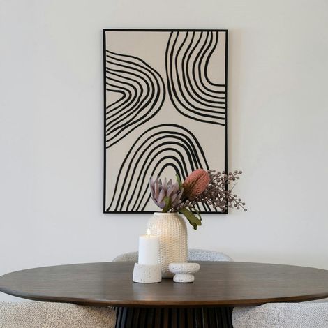 Tableau abstrait noir et blanc lignes ondulées avec cadre 60x90 cm (1/3)