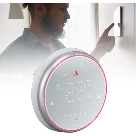 Panneau de commande de thermostat intelligent sans fil pour maison avec application de contrôle vocal Wi-Fi, chaudière murale à contact sec AC95240V, base ronde blanche. (1/5)