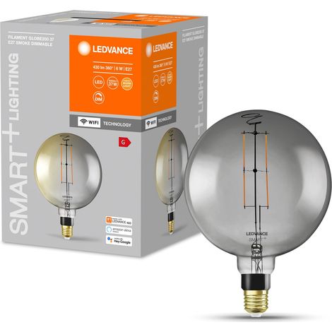 Ampoule LED intelligente avec Wifi, culot E27, gradable, blanc chaud (2500K), forme de globe, filament clair dans un verre fumé, remplacement des ampoules 37W (1/5)