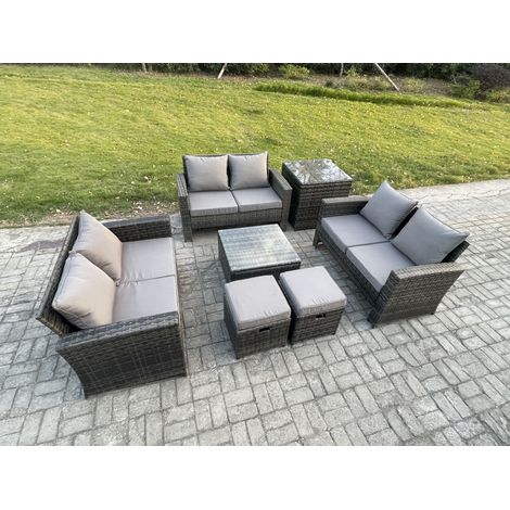Fimous 7 PCS Mobilier de jardin extérieur ave Table basse carrée Canapé deux places Table d'appoint 2 Petit Tabouret Gris foncé (1/5)