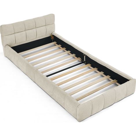 Lit simple 90x200 cm, housse en velours côtelé beige, matelassage géométrique – Montage rapide, cadre mixte bois-métal, sans matelas (1/5)