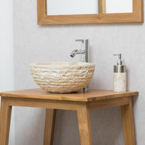 Wanda Collection – Vasque à poser ronde en pierre naturelle crème 35cm – Design artisanal – Pour salle de bain contemporaine – Installation sur meuble en teck (1/5)