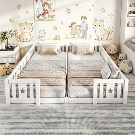 Lit Enfant 90x200 cm, Cadre en bois massif, Lit Double au Sol avec Barrière, Sans Sommier à Lattes, Motif Étoiles, Blanc, pour 2 Enfants (1/5)