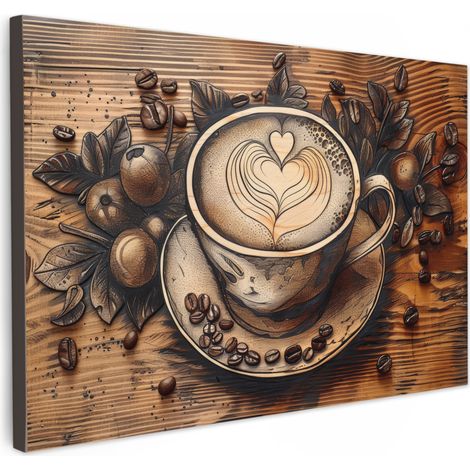 TABLEAU SUR TOILE Café - Vintage - Marron - Tasse - Bois Toile Peinture Grand Format XXL 150x100 cm