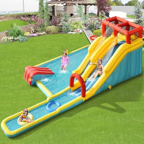 Parc aquatique gonflable avec double toboggan, jeu de surf, basket-ball, pistolet à eau, mur d'escalade et flotteur. (1/5)