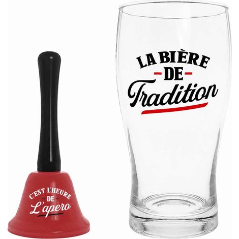 Coffret verre à bière 50 cl et clochette humoristique