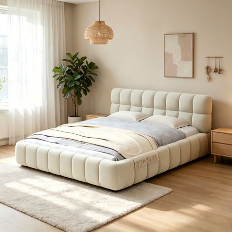 lit bubble double 140x190, cadre de lit pour adulte, lit deux personnes, Lit rembourré 2 places en lin, beige, sans matelas (1/5)