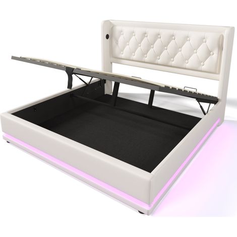 Doppelbett 180x200 cm, gepolstert, PU weiß, hydraulischer Stauraum, LED 3-seitig, USB-C (1/5)