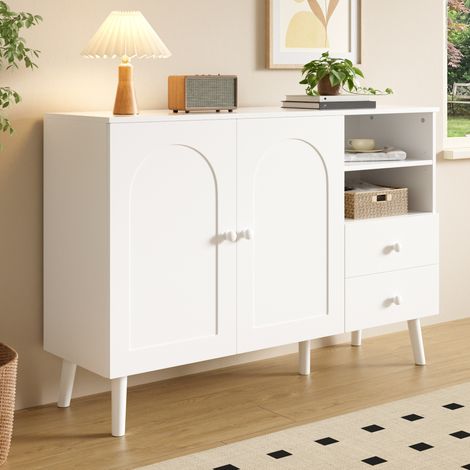 Buffet 118x35x82 cm blanc en MDF et panneaux de particules avec 2 portes, 2 tiroirs et niches ouvertes (1/5)