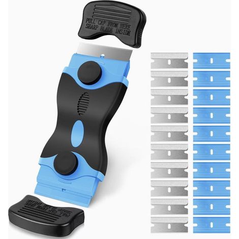 Grattoir de nettoyage double face avec 20 lames de rechange, grattoir de nettoyage multifonctionnel pour enlever les étiquettes, les autocollants, le coulis, les résidus de colle, etc., bleu. (1/5)