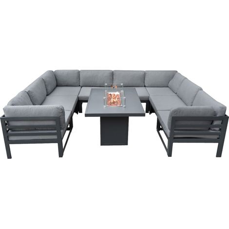 Set di mobili da giardino modulari Grande grigio 8 posti Divano imbottito e tavolo con braciere a gas 9 pezzi Alluminio Salotto da pranzo Patio all'aperto Copertura impermeabile per la pioggia Inclusa