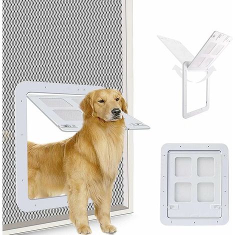 Hunde-Fliegengittertür (Außenmaße 43 cm x 37 cm), Haustier-Fliegengittertür mit Schloss für Hunde und Welpen, Hundeklappe für Fliegengittertüren (L, weiß) (1/5)