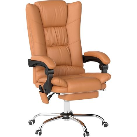 Silla de Oficina con Masaje, Calefacción, Respaldo Reclinable 135° con Reposapiés, Altura Regulable, Polipiel, Marrón (1/5)