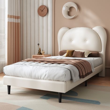 Letto imbottito per bambini 90x200 cm, con testiera a forma di animale, rete a doghe, in PU beige, senza materasso (1/5)