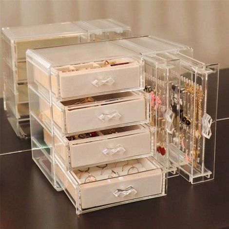 MINKUROW Organizador De Joyas Caja De Almacenamiento De Acrílico Transparente De Terciopelo Con 6 Cajones Para Pendientes, Pulseras, Collares Y Anillos, Color Beige Para Niñas Y Mujeres (1/5)
