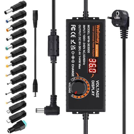 Adaptateur d'alimentation universel réglable 4 A 144 W : bloc d'alimentation réglable 3 V-24 V 100 V-240 V AC to DC avec indicateur de tension LED et 14 prises, convient pour l'électronique domestique