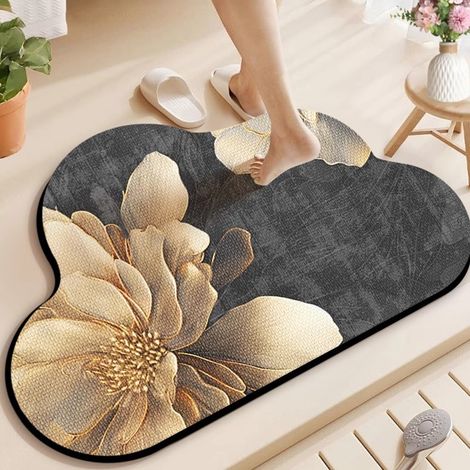 Tapis de bain en terre de diatomée – Forme organique moderne, ultra-absorbant, antidérapant et résistant à la saleté (Modèle Nuage avec motif floral doré, 40 x 60 cm)-lsw