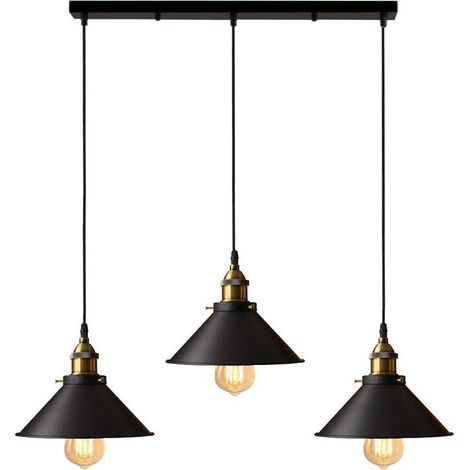 Lampes Suspension Luminaire Industrielle Lustre Plafonniers Design Edison Métal Lustre Suspension avec 50cm Support en Barre, Ø 22cm, Noir (1/5)
