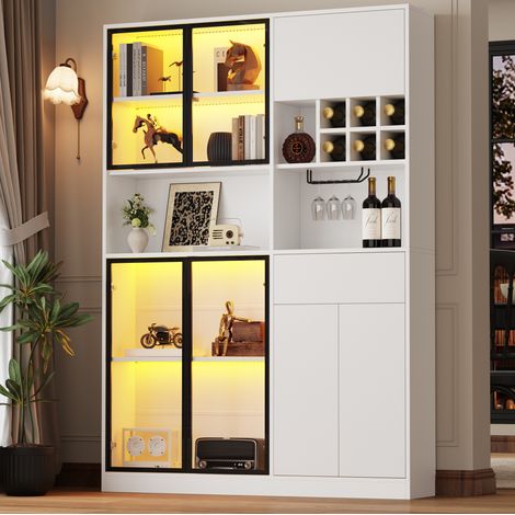 Vitrine meuble de rangement 140x30x200 cm blanche avec LED, 7 portes, 1 tiroir, 6 porte-bouteilles, meuble TV et salon multifonction (1/5)