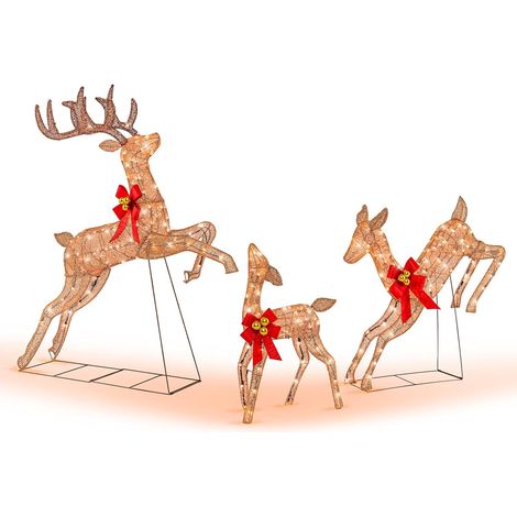 COSTWAY Décoration de Noël 255 Lumières Blanches Chaudes, Famille Cerfs Lumineux avec 12 Piquets et 24 Serre-câbles, Décoration du Nouvel an pour Intérieur & Extérieur (1/5)